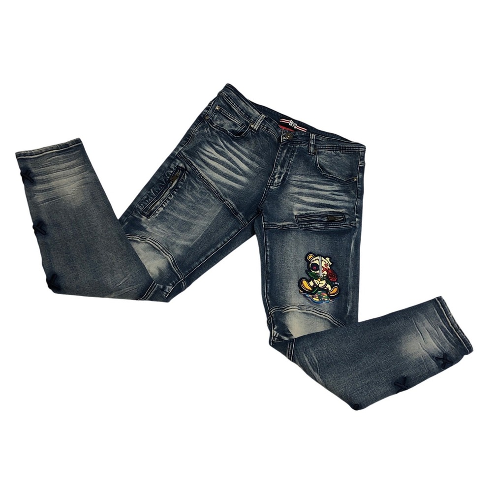 BKYS Black Keys Mens Moto Jeans 34x30 Acid Wash Teddy Bear Patch Streetwear